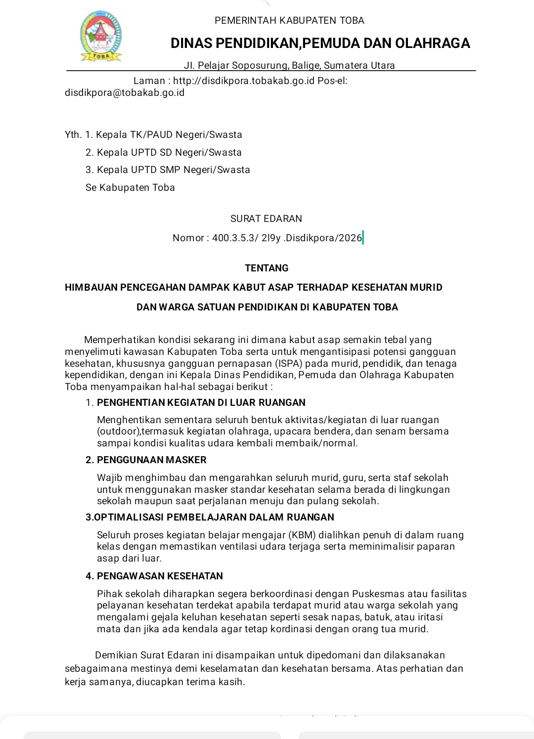 Kabut Asap Menebal, Disdikpora Toba Imbau Sekolah Hentikan Aktivitas di Luar Ruangan